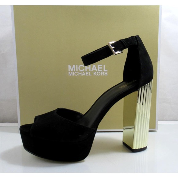 Michael Kors Porter Ankle Strap Block Heel Sandals Suede Black Size 10 - Picture 3 of 8